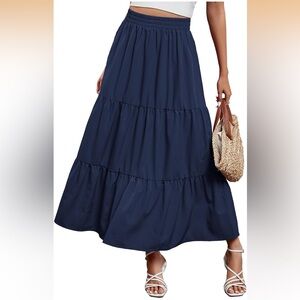 NWOT Women's Navy Tiered High Waist Boho Flowy Maxi Summer Skirt Size Small